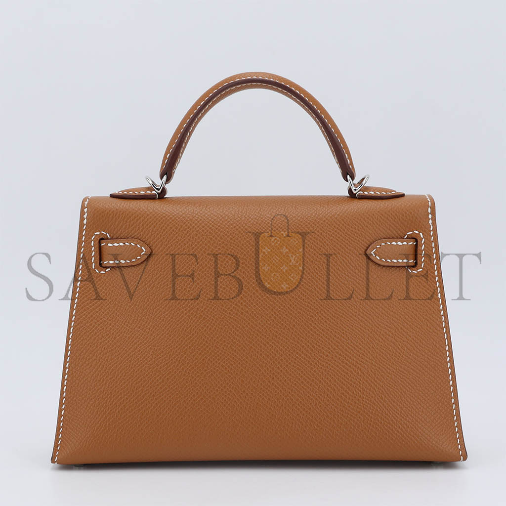 HERMÈS MINI KELLY SECOND GENERATION GOLDEN BROWN EPSOM SILVER BUCKLE (19*12*5.5cm)